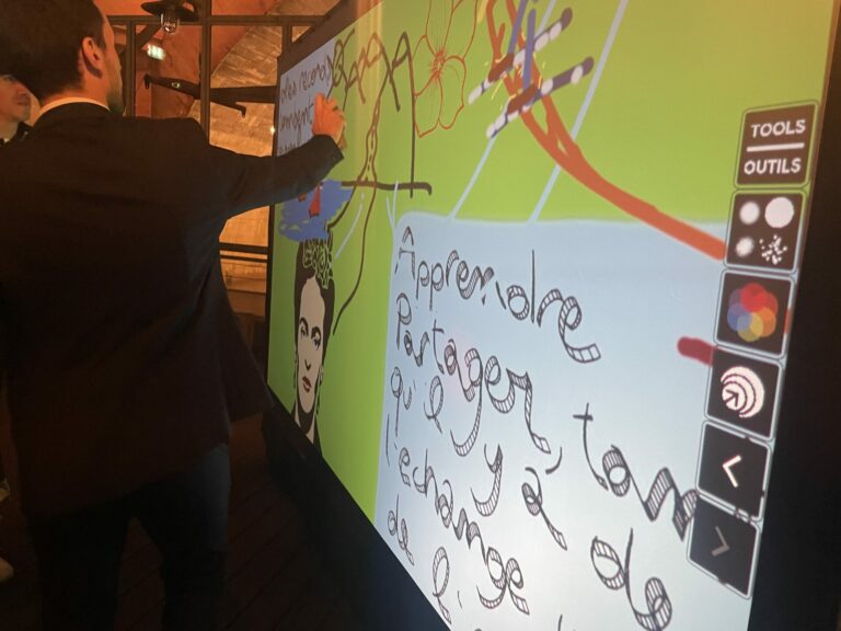 Invité qui écrit à la bombe connectée sur le mur de graffiti digital
