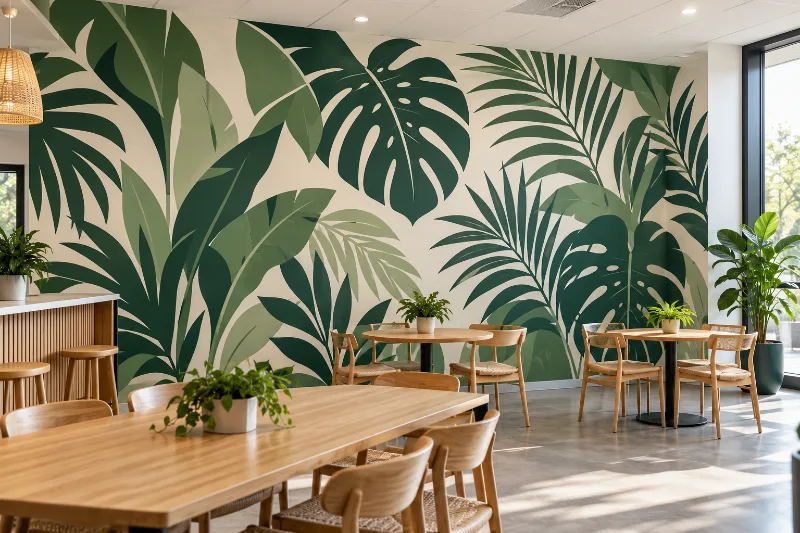Fresque murale salle de pause : jungle tropicale apaisante, feuillages tropicaux vert sapin, vert sauge et crème