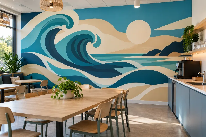 Fresque murale salle de pause : vagues et océan, vagues bleu marine, turquoise et sable