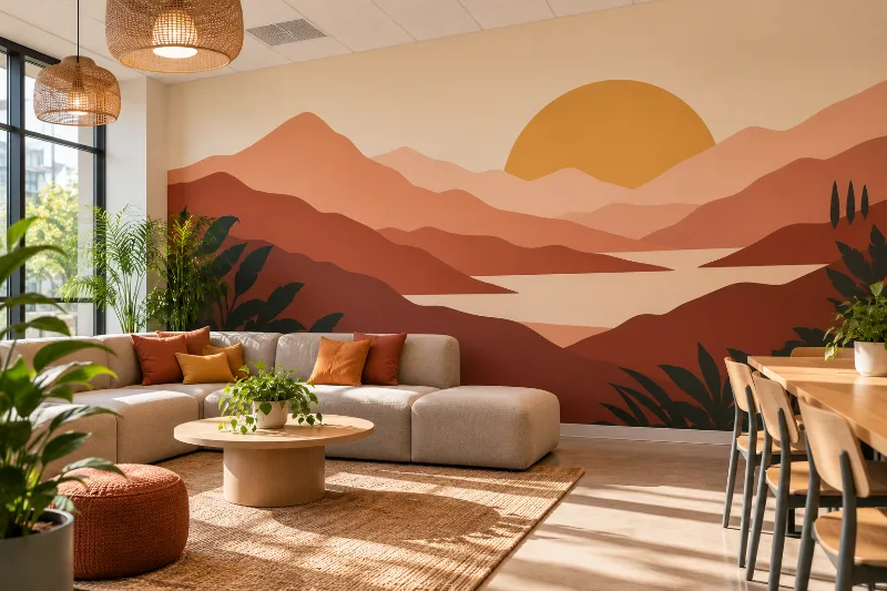 Fresque murale salle de pause : montagnes au lever du soleil, montagnes au lever du soleil terracotta, ocre et rose