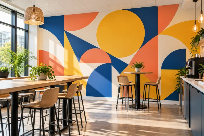 Fresque murale salle de pause : formes géométriques énergisantes, formes géométriques jaune, corail et bleu roi