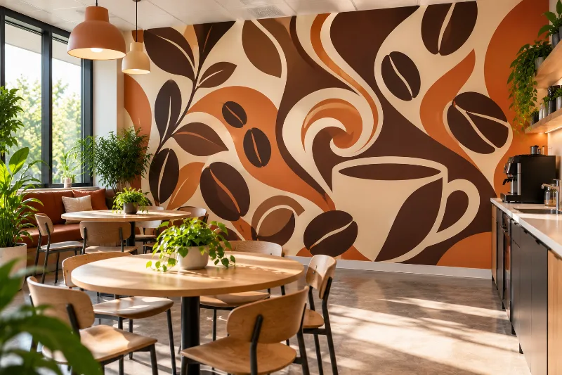 Fresque murale salle de pause : coin café graphique, grains de café et tasses brun, crème et orange