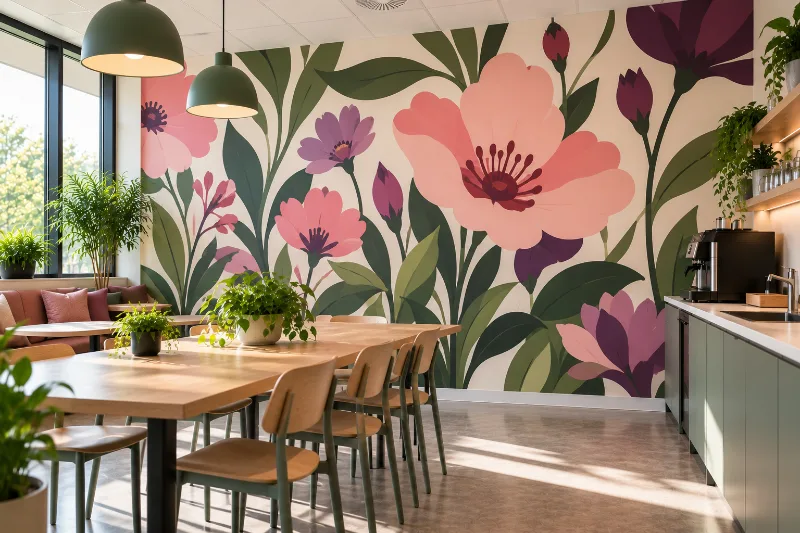 Fresque murale salle de pause : champ de fleurs sauvages, fleurs sauvages rose, violet et vert