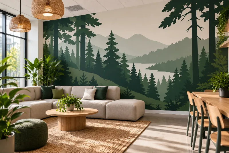 Fresque murale salle de pause : forêt scandinave, forêt de pins vert profond, blanc et gris