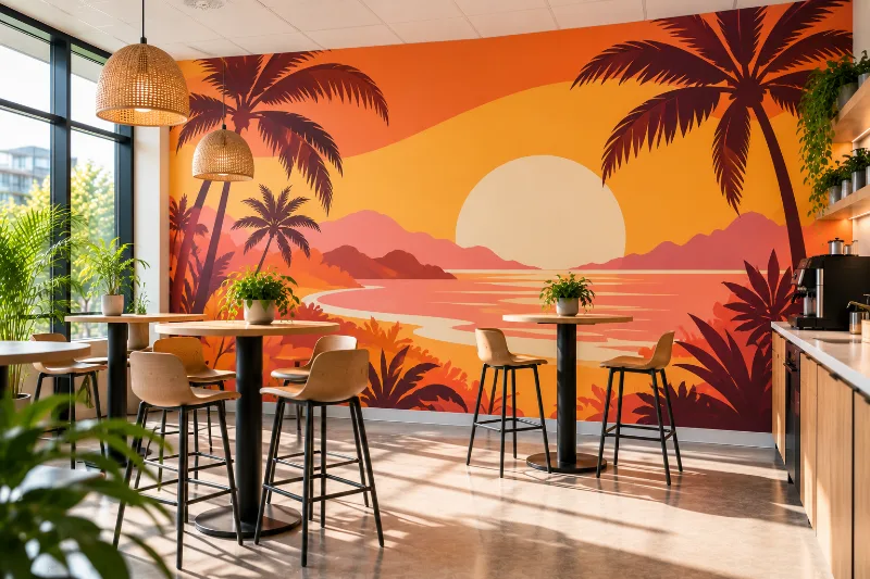 Fresque murale salle de pause : plage et palmiers rétro, plage rétro et palmiers orange, rose et jaune