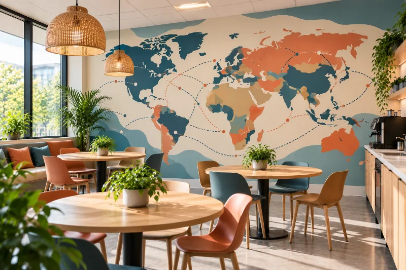 Fresque murale salle de pause : carte du monde voyage, carte du monde bleu, beige et corail