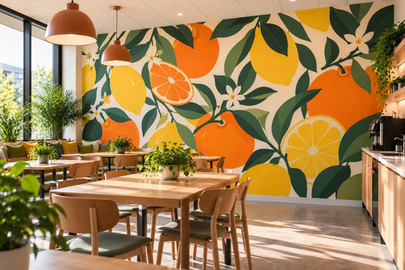 Fresque murale salle de pause : agrumes et fruits, citrons, oranges et feuilles