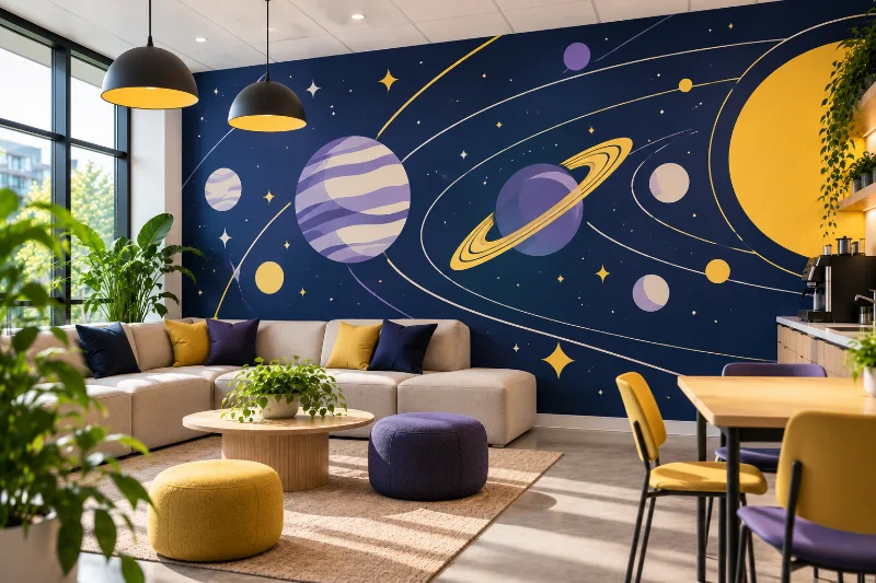 Fresque murale salle de pause : cosmos et planètes, planètes et étoiles bleu nuit, violet et jaune