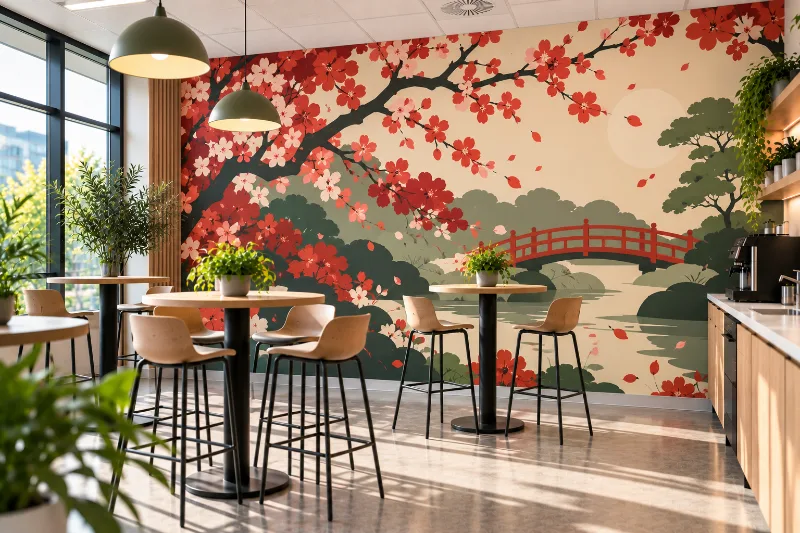 Fresque murale salle de pause : jardin japonais, branches de cerisier et petit pont rouge, vert et crème