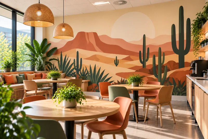 Fresque murale salle de pause : désert et cactus, désert et cactus sable, terracotta et vert