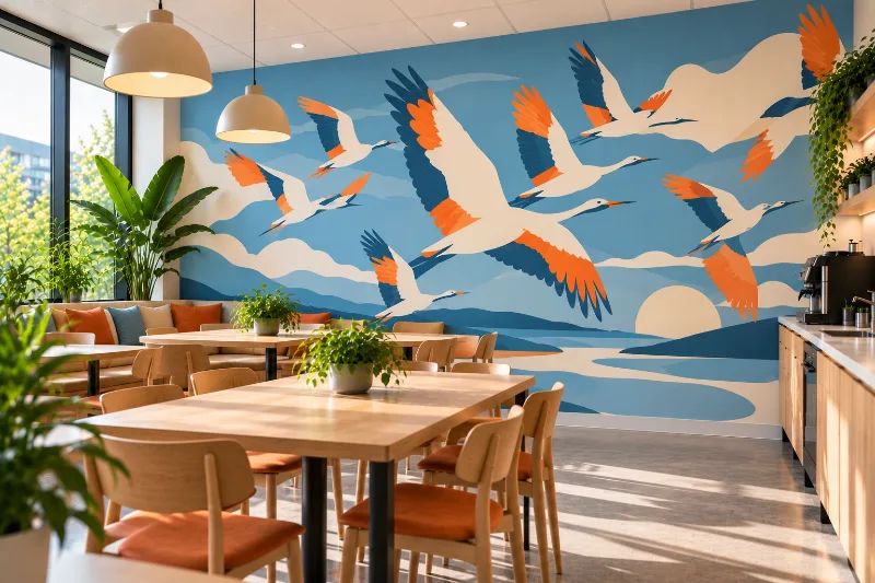 Fresque murale salle de pause : oiseaux en vol, oiseaux en vol bleu ciel, blanc et orange
