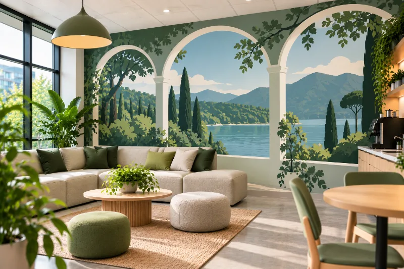 Fresque murale salle de pause : fenêtre en trompe-l'œil sur un lac, fenêtre en trompe-l'œil sur un lac et une forêt