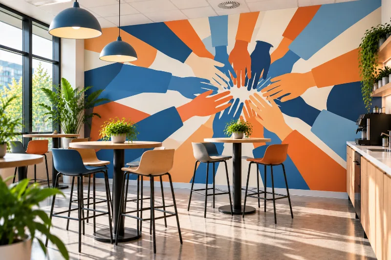 Fresque murale salle de pause : mains et cohésion d'équipe, mains réunies en cercle bleu, orange et blanc