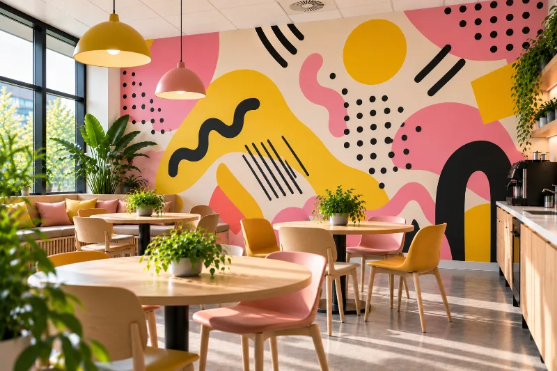 Fresque murale salle de pause : motifs ludiques Memphis, formes Memphis rose, jaune et noir