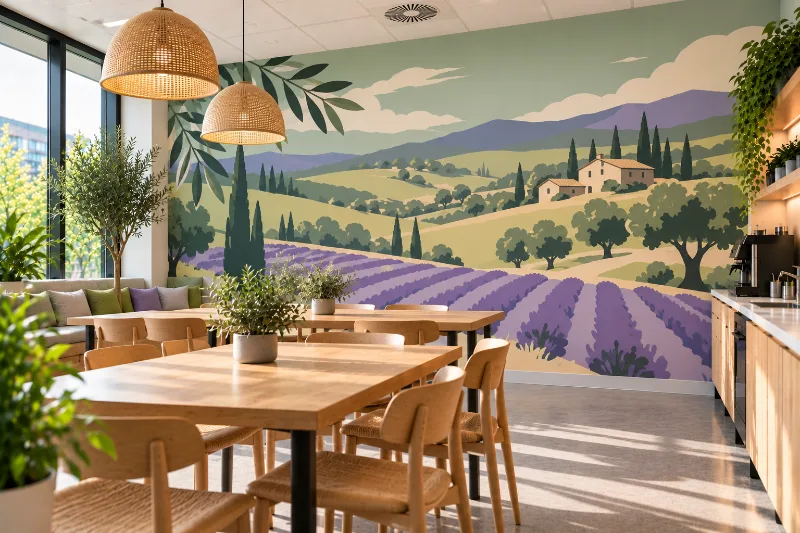 Fresque murale salle de pause : collines de Provence, collines de lavande et oliviers