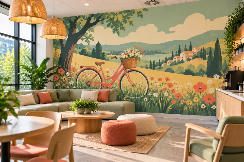 Fresque murale salle de pause : pique-nique à vélo, vélo et panier de pique-nique pastel
