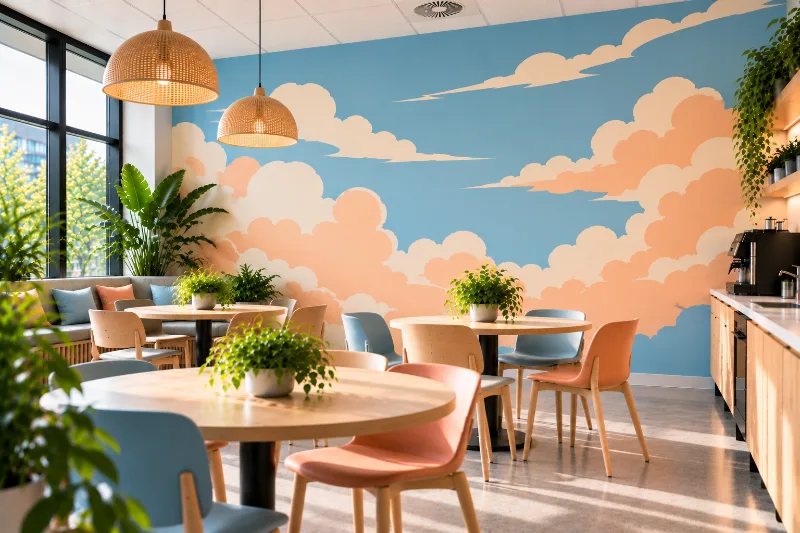Fresque murale salle de pause : ciel et nuages apaisants, nuages dans un ciel bleu, blanc et pêche