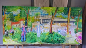 Œuvre finale du live painting : la soirée d'entreprise au Pavillon Royal peinte aux couleurs de l'entreprise